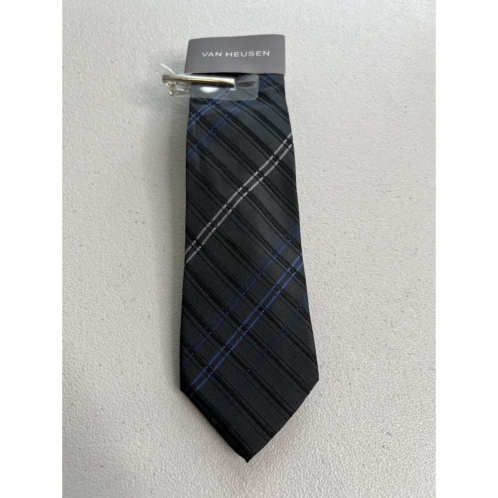 Van Heusen Gray, Black, Blue Plaid Pattern 100% Silk Slim Designer Tie